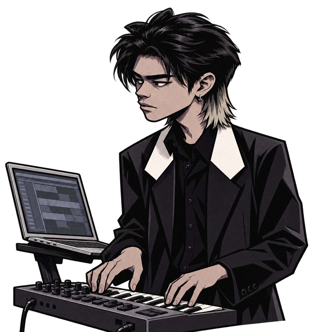Ink-and-cel upper-body character of Zol producing music with a MIDI keyboard and laptop